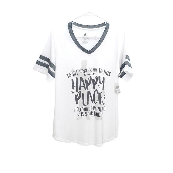 NWT Disney Store Park Ringer Style "Happy Place" Mickey Mouse Graphic Tee Shirt - Picture 1 of 10
